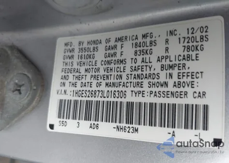 2003 Honda Civic Ex from USA, damaged, VIN 1HGES26873L016306